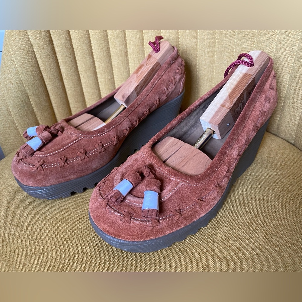 Bass El Paso Slip On Wedge Suede Shoes Loafers Tassel Cinnamon Rust 8.5 M NWOB